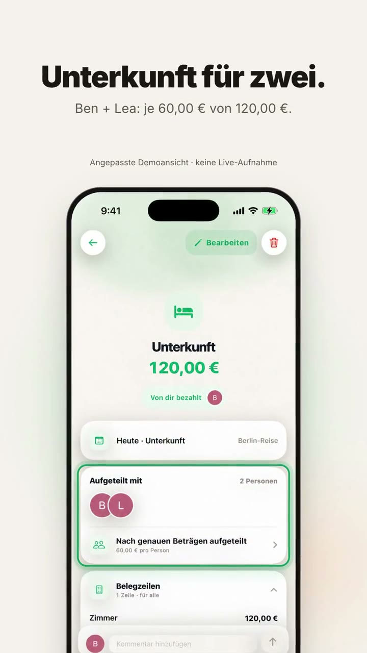 Angepasste Splendo-Demo auf einem Telefon: Pro Reiseausgabe auswählen, wer dabei war