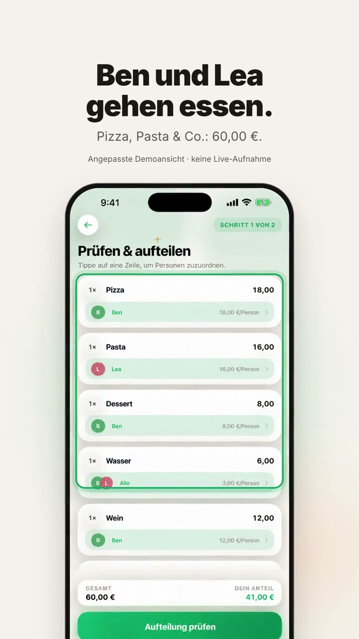 Angepasste Splendo-Demo auf einem Telefon: Zusammen essen, die eigenen Posten tragen