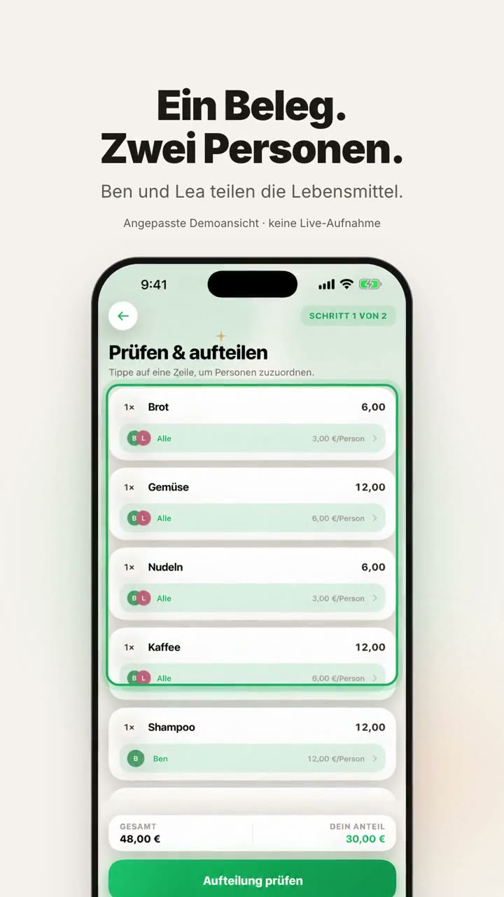 Angepasste Splendo-Demo auf einem Telefon: Ein WG-Beleg, verschiedene Anteile