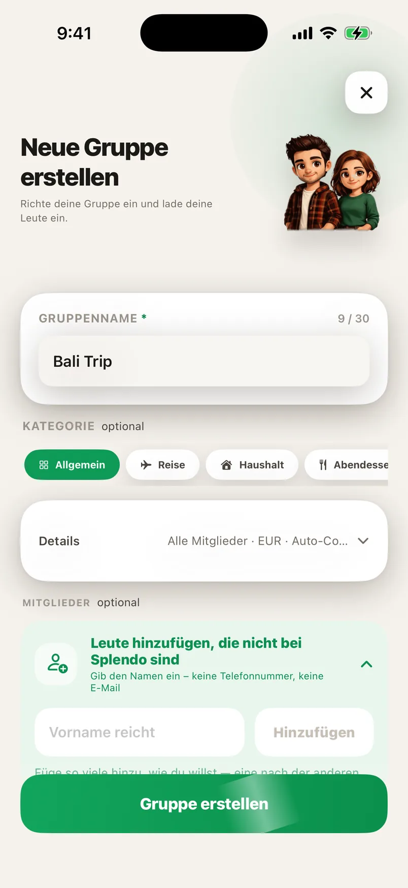 Der Splendo-Bildschirm für eine neue Gruppe: Name der Gruppe und Leute hinzufügen