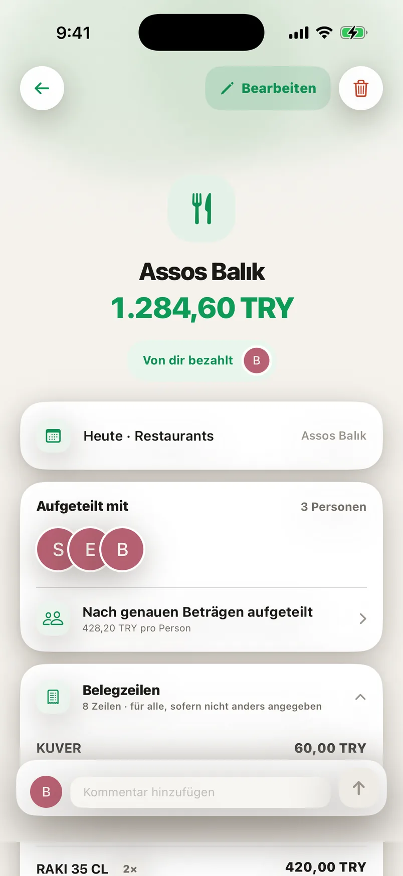 Der Splendo-Ausgabenbildschirm: eine Ausgabe, Posten für Posten vom Beleg aufgeteilt