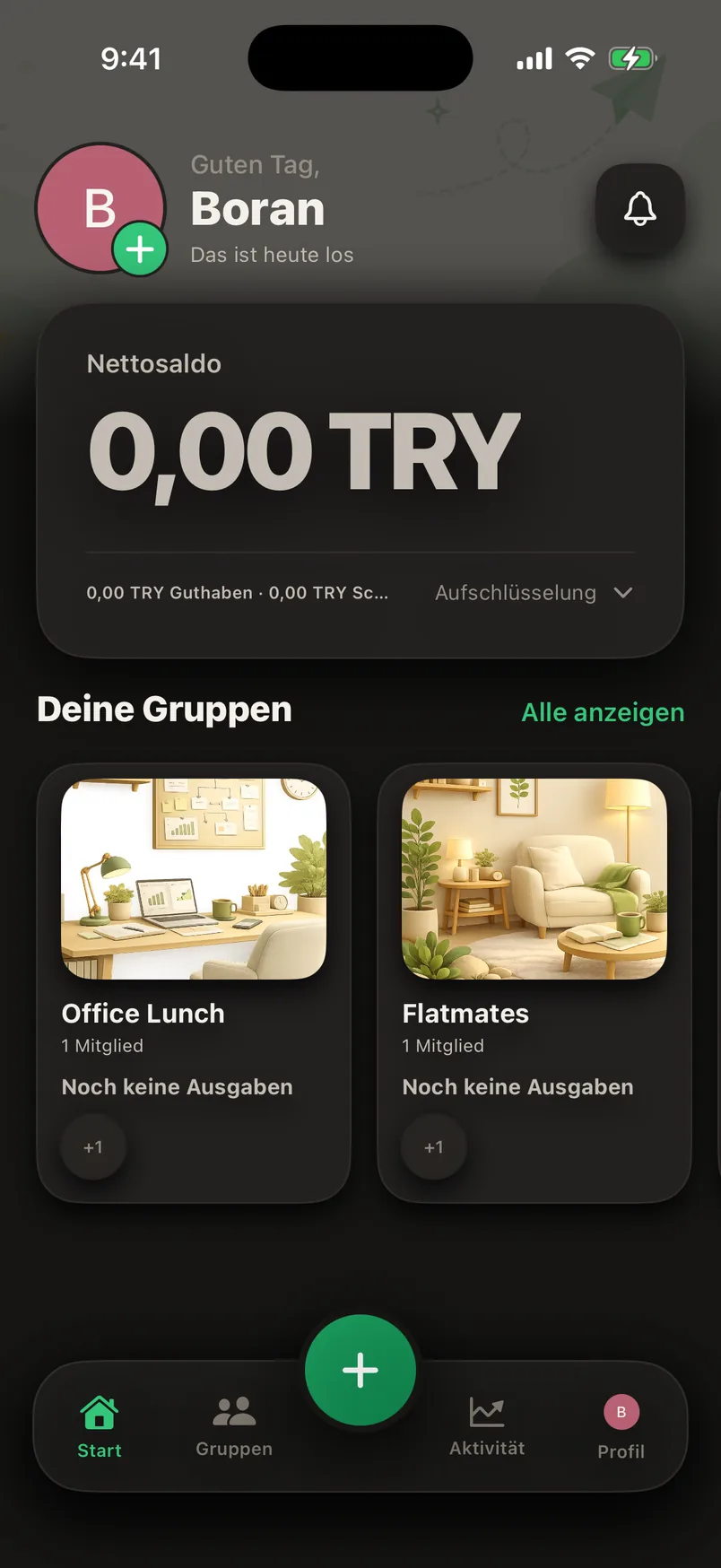 Der Splendo-Startbildschirm im Dunkelmodus: alles ausgeglichen