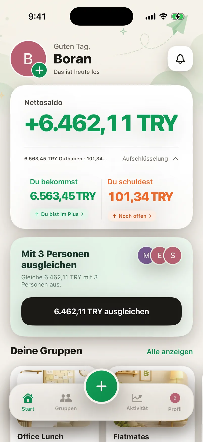 Der Startbildschirm der Splendo-App: was dir zusteht, was du schuldest, und dein Saldo