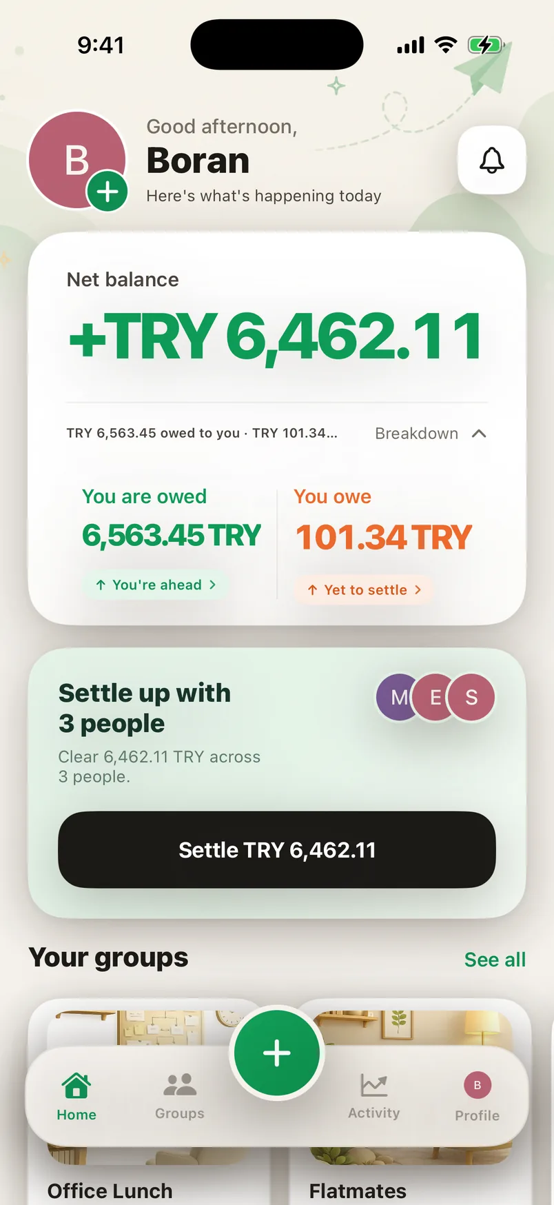 The home screen of the Splendo bill splitting app: what you're owed, what you owe, and your net balance