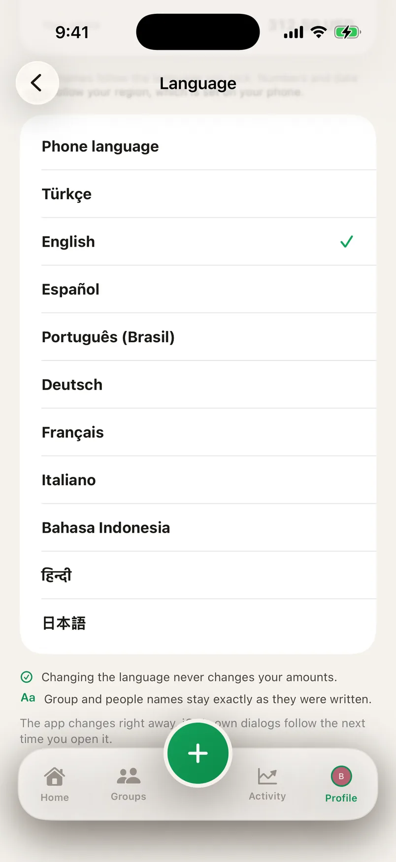The Splendo settings screen: the list of ten languages