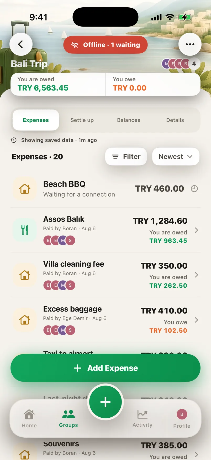 The Splendo group screen: the offline indicator and an expense waiting to sync