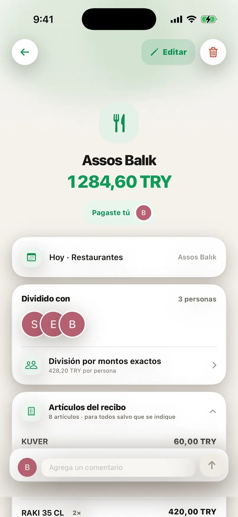 Pantalla de detalle de gasto de Splendo: un gasto dividido línea por línea desde un recibo