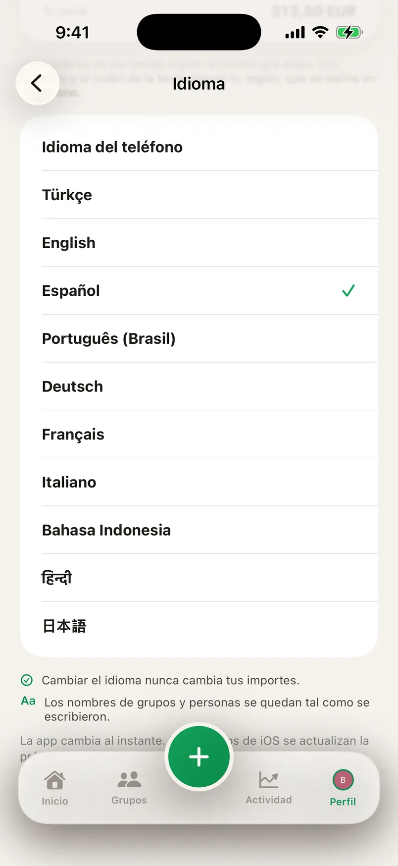Pantalla de configuración de Splendo: la lista de diez idiomas