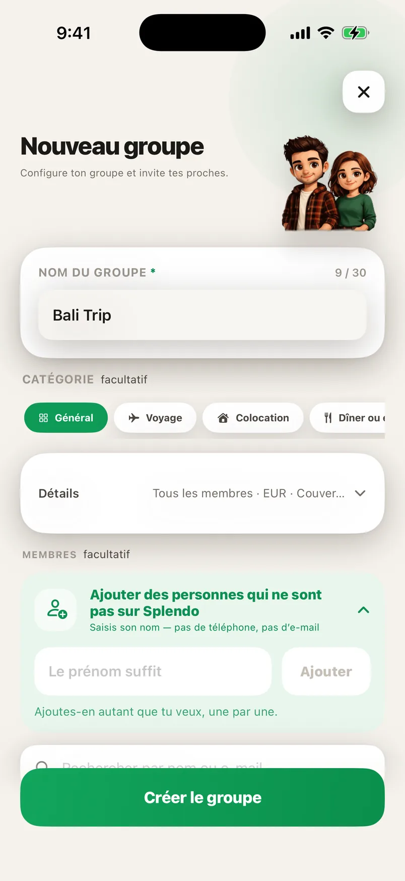 L’écran de création de groupe Splendo : le nom du groupe et l’ajout des personnes