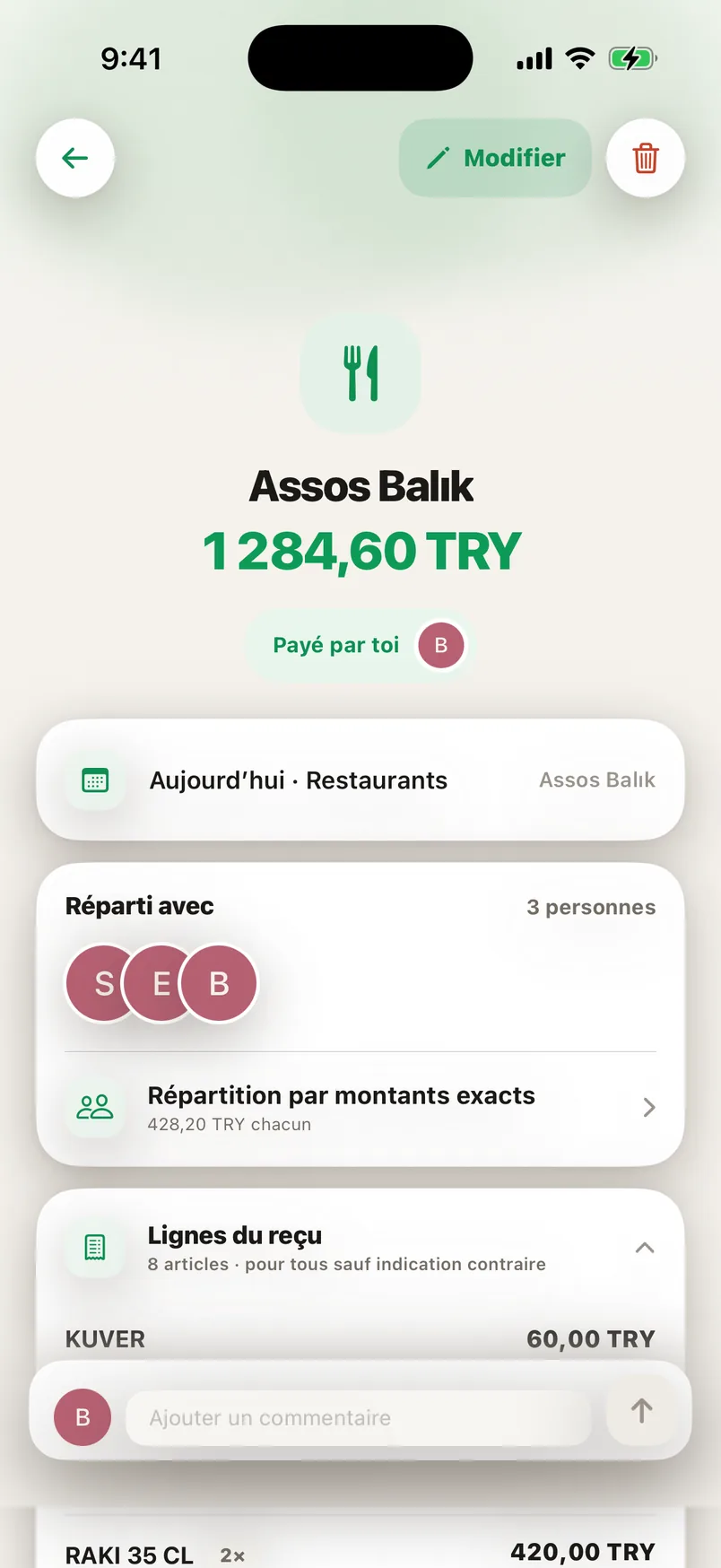 L’écran de détail d’une dépense Splendo : une dépense partagée ligne par ligne depuis un ticket