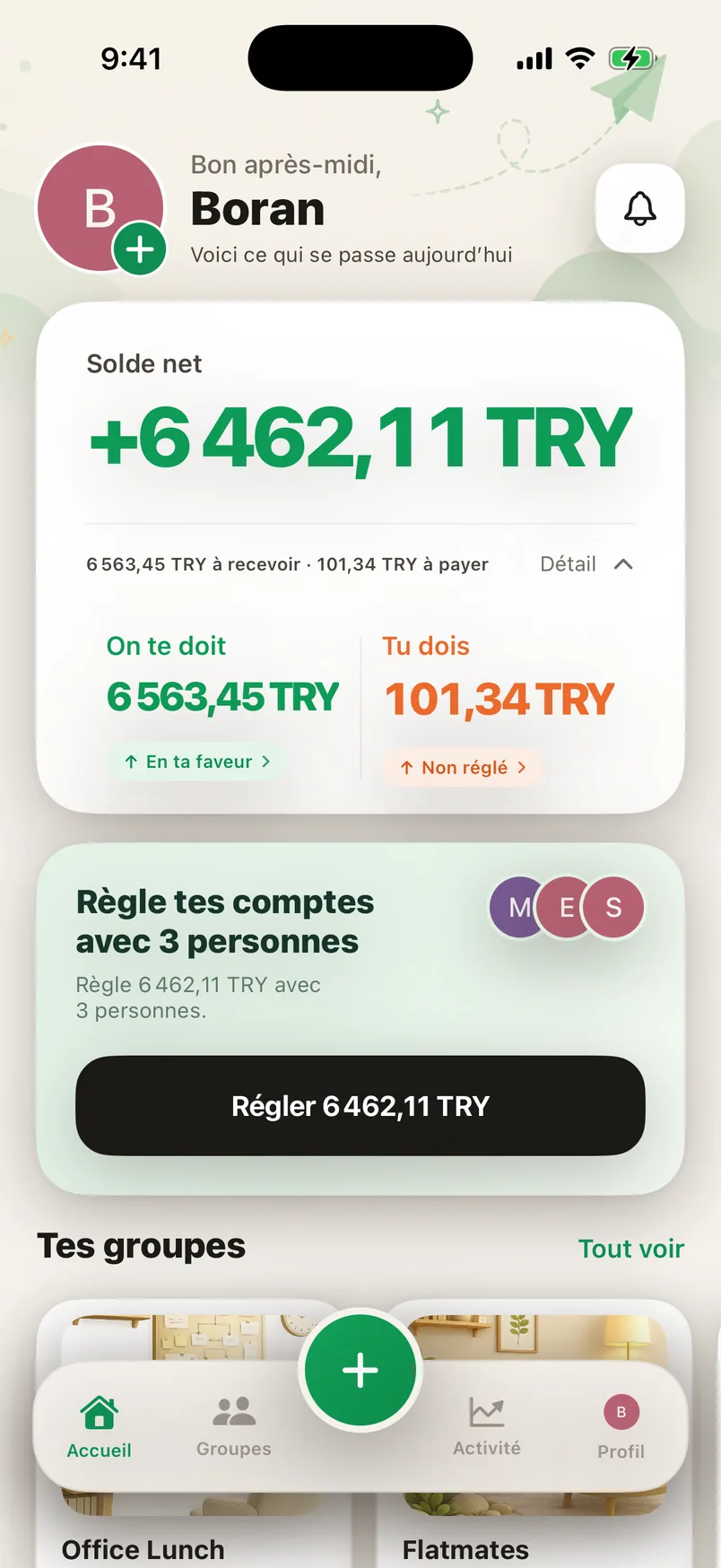 L’écran d’accueil de l’appli Splendo : ce qu’on te doit, ce que tu dois et ton solde