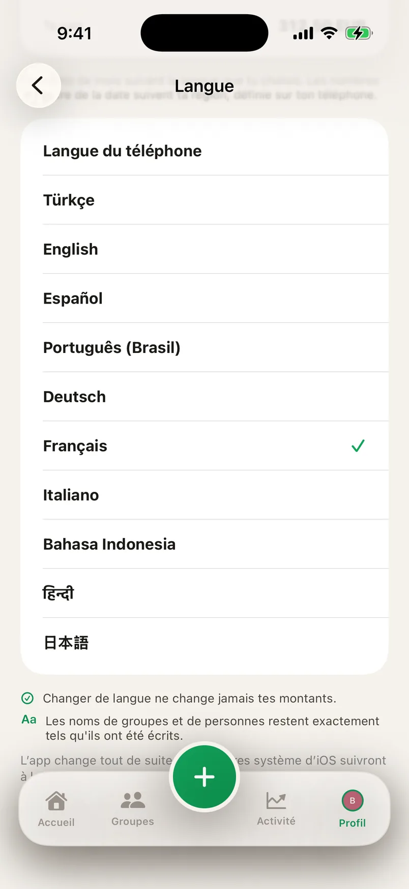 L’écran des réglages Splendo : la liste des dix langues