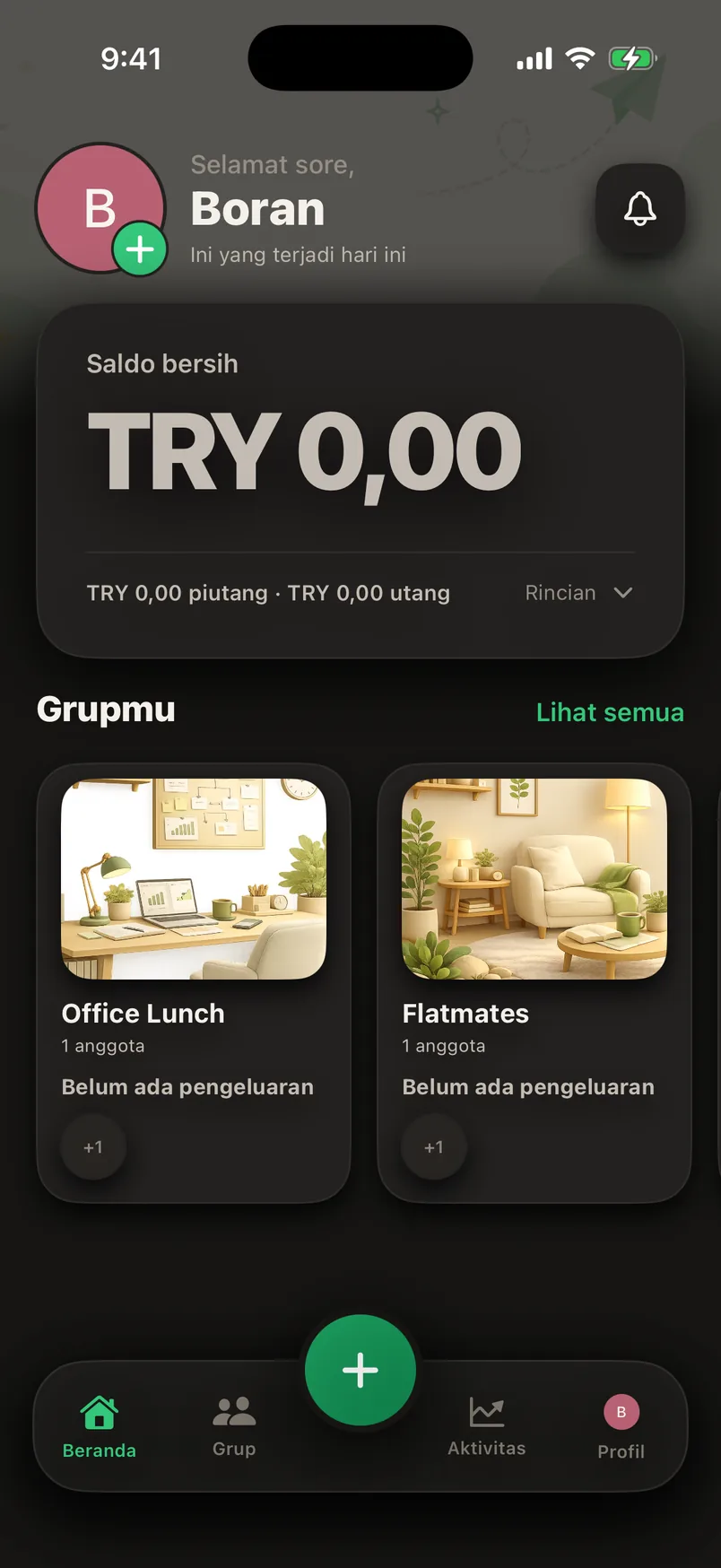 Layar utama Splendo dalam mode gelap: semuanya sudah lunas