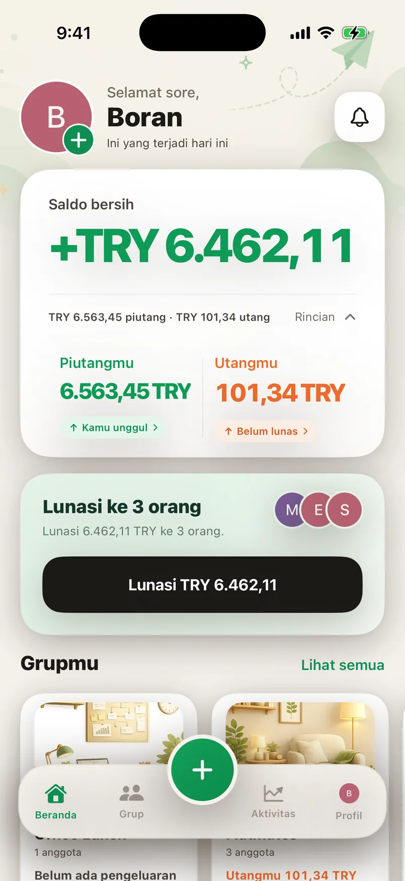 Layar utama aplikasi bagi tagihan Splendo: piutangmu, utangmu, dan saldo bersihmu