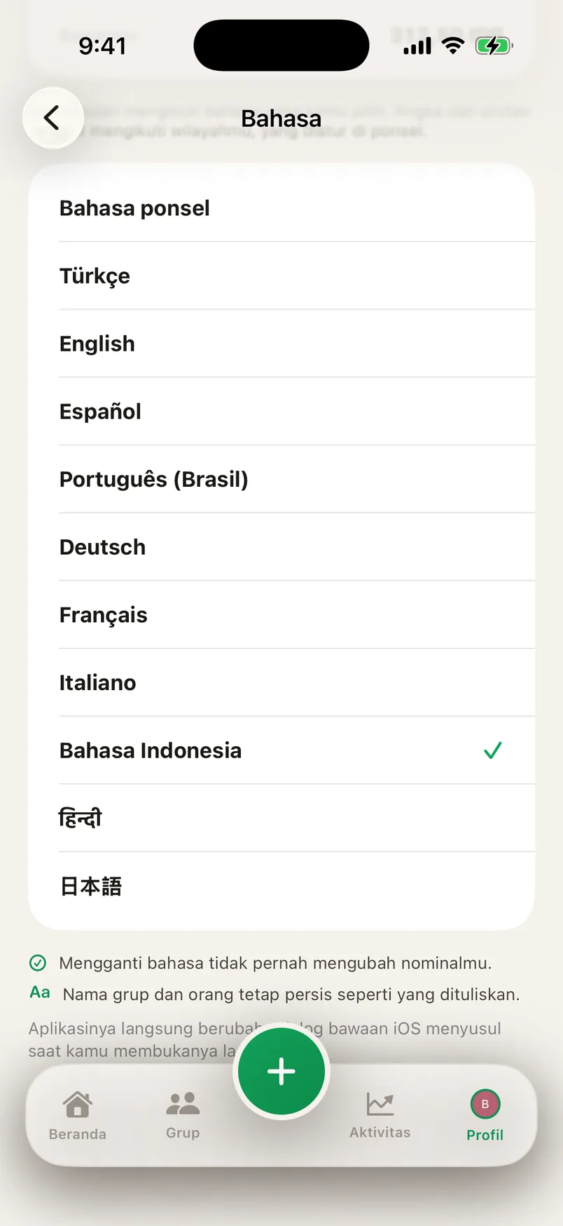 Layar pengaturan Splendo: daftar sepuluh bahasa