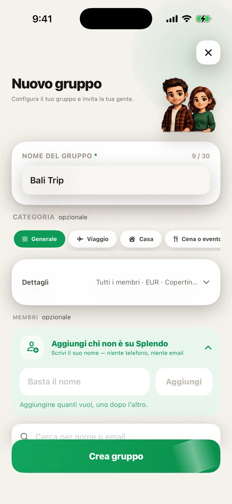 La schermata di creazione gruppo di Splendo: il nome del gruppo e l’aggiunta delle persone