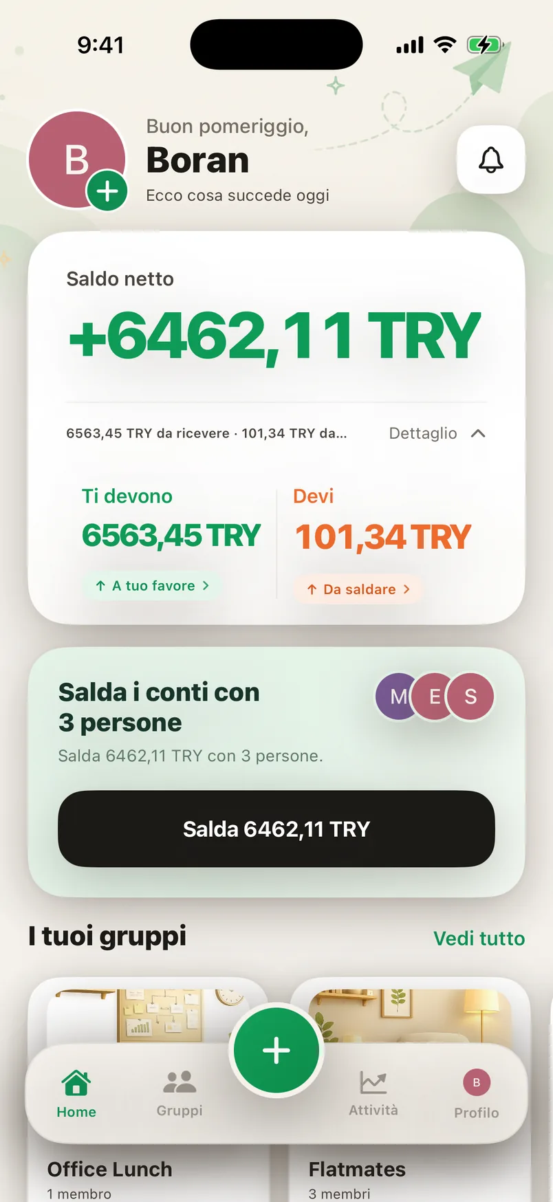 La schermata iniziale dell’app Splendo: quanto ti devono, quanto devi e il saldo