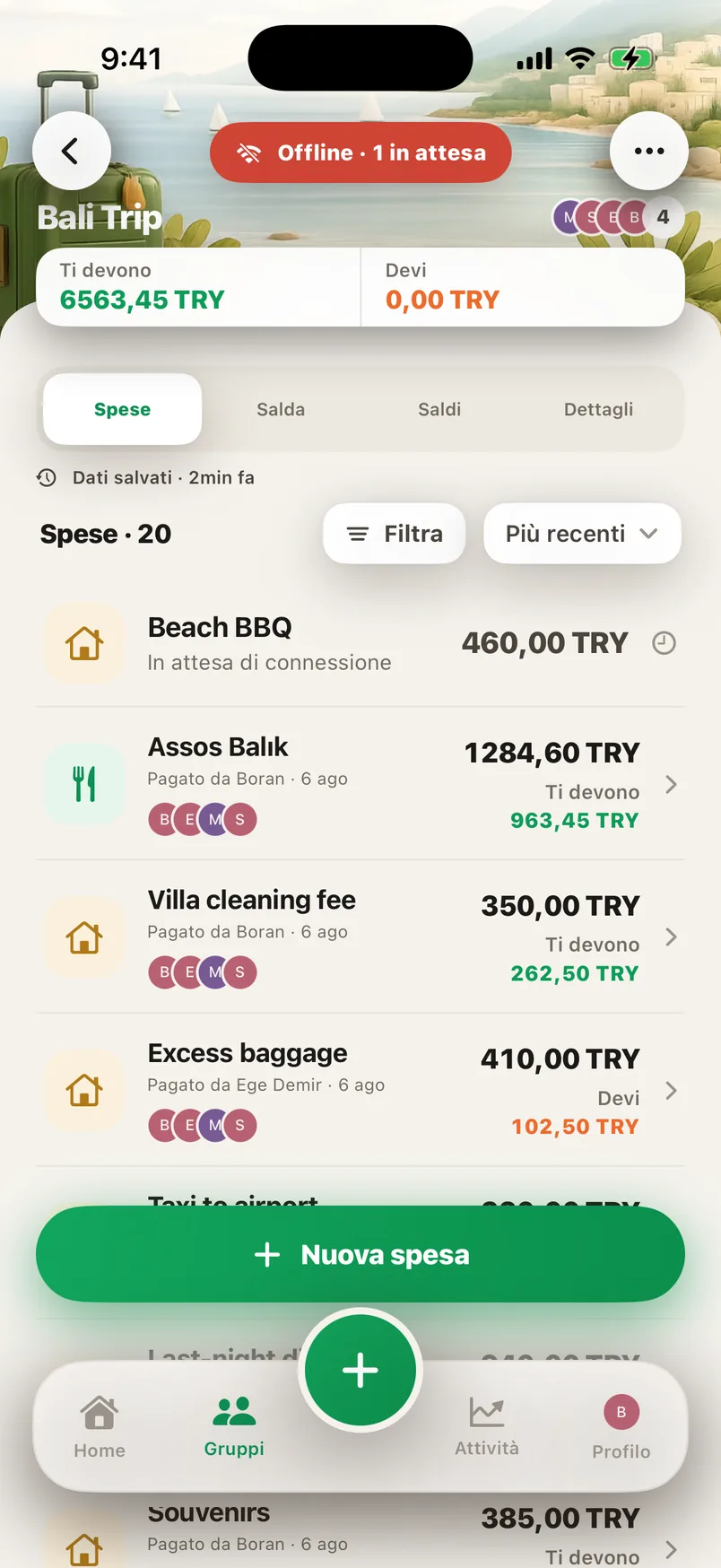 La schermata di gruppo Splendo: l’indicatore offline e una spesa in attesa di sincronizzazione