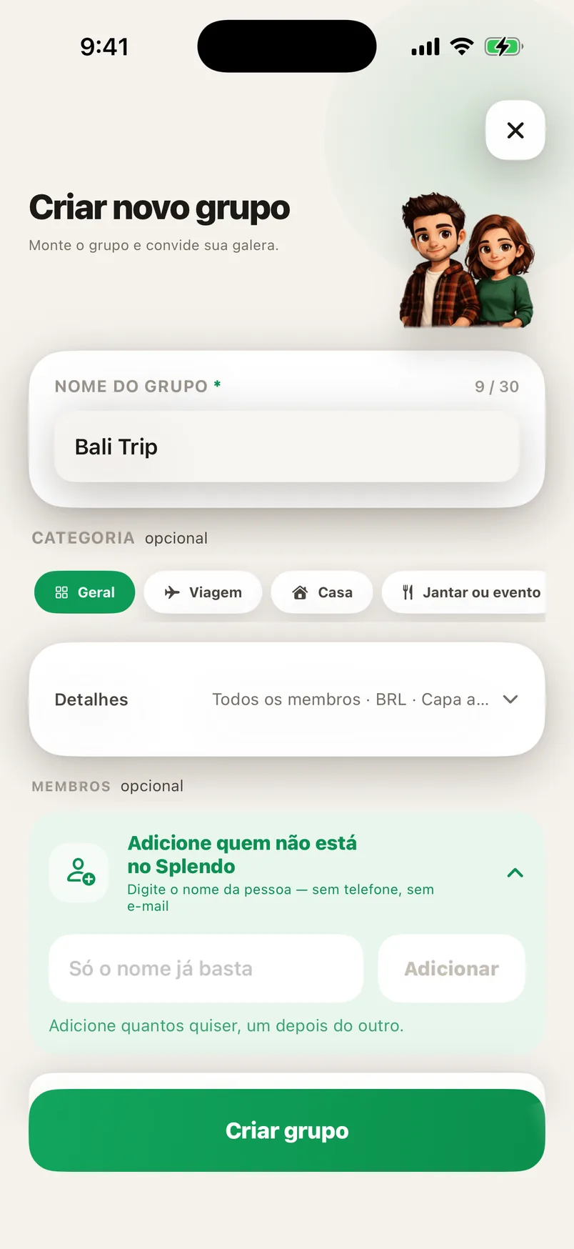 Tela de criação de grupo do Splendo: dar nome ao grupo e adicionar pessoas