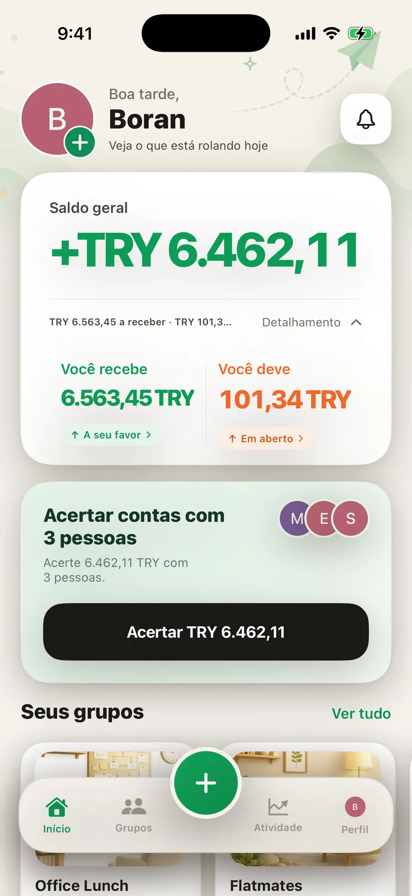 Tela inicial do app Splendo: o que você recebe, o que você deve e o saldo geral