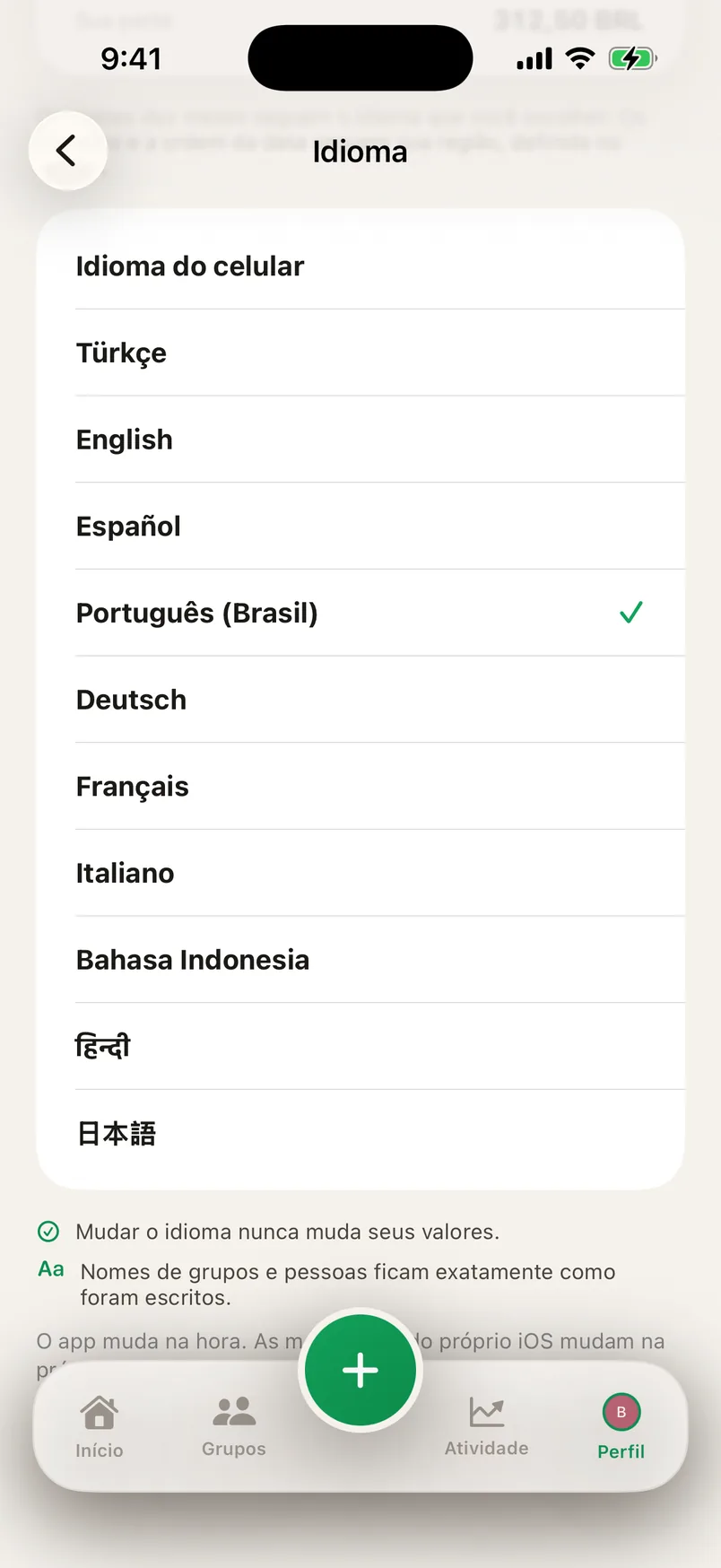 Tela de ajustes do Splendo: a lista de dez idiomas