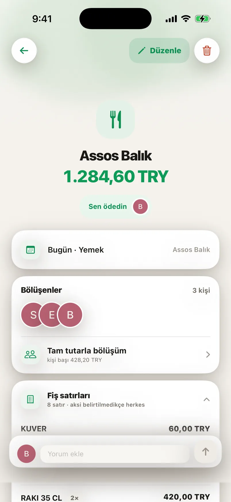 Splendo masraf detayı ekranı: fişten kalem kalem bölünmüş bir masraf