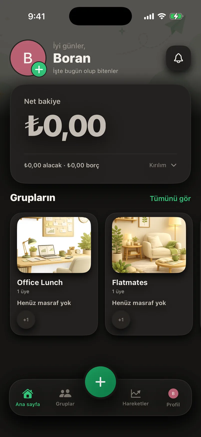 Splendo koyu mod ana sayfa ekranı: her şey ödeşmiş hâl