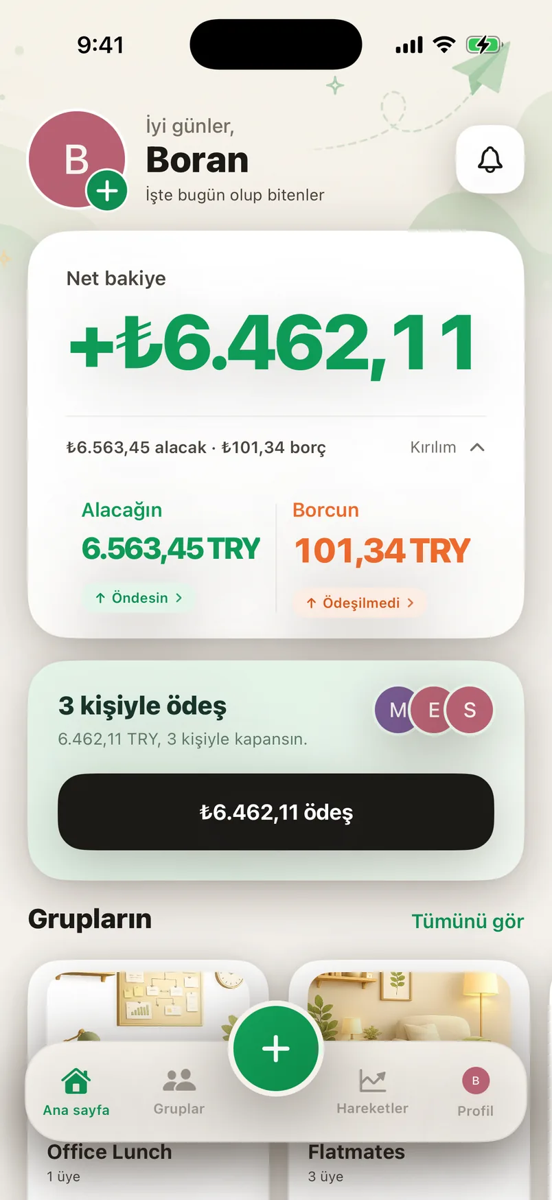 Splendo hesap bölme uygulamasının ana ekranı: alacağın, borcun ve net bakiye