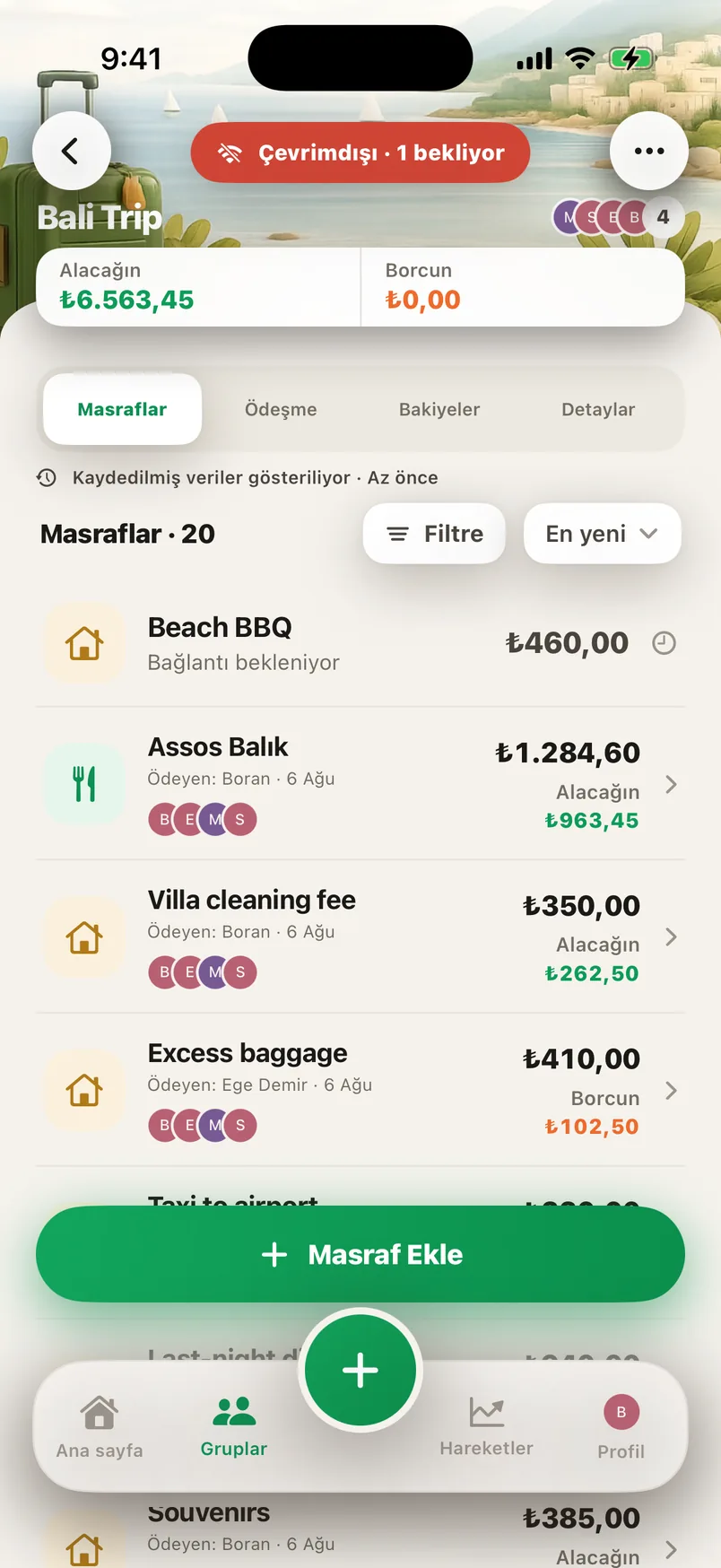 Splendo grup ekranı: çevrimdışı göstergesi ve senkron bekleyen masraf